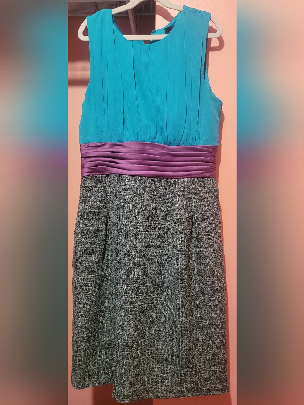 Max & Cleo Turquoise Bodice Purple Waistband Gray Tweed Skirt Dress
